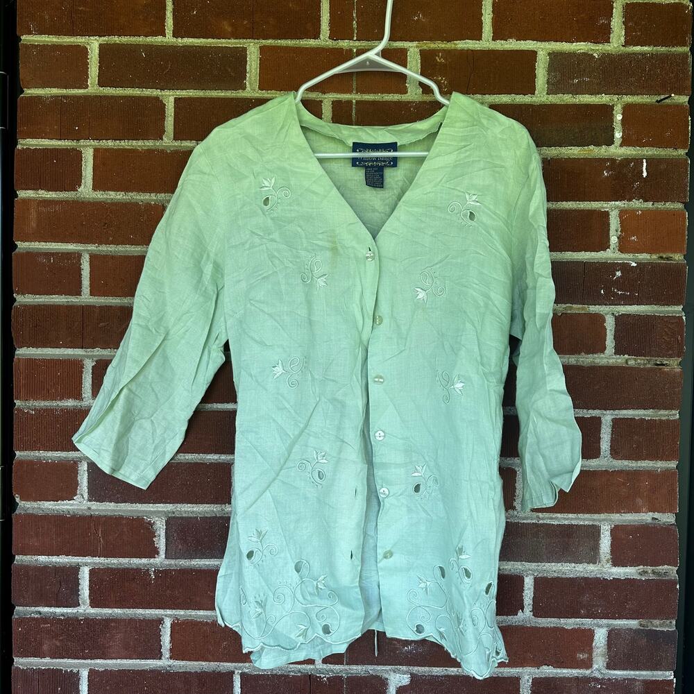 Willow Ridge Sage Green Embroidered Linen Blend Button Front Tunic Top XL